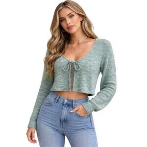 DAZY Cropped Tie-Front Cardigan Top Womens Size M Heather Green/Blue